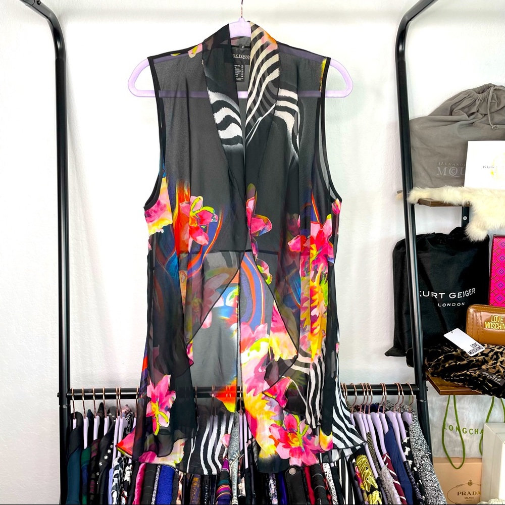 Frank Lyman Design Sheer Floral Zebra Sleeveless Duster w Tails